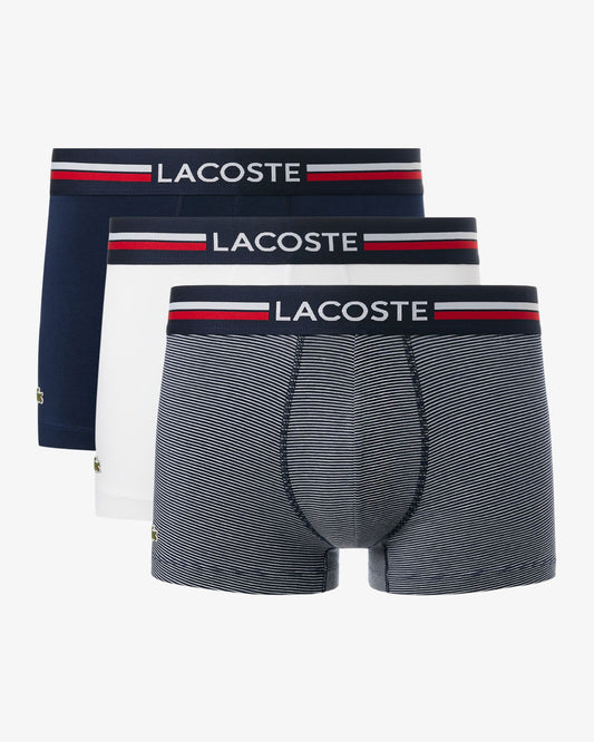 Lacoste 3-Pack Stripe Print Stretch Cotton Mens Trunks - Navy Blue/White 525