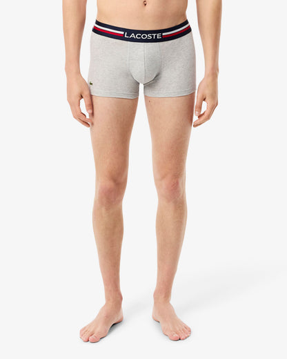 Lacoste 3-Pack Tricolour Waist Stretch Cotton Mens Trunks - Navy Blue/Silver Chine-Red W34