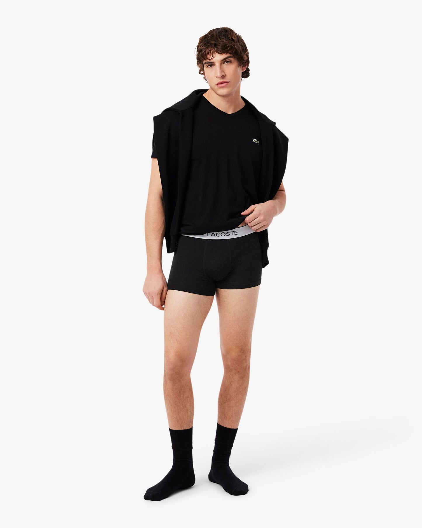 Lacoste 3-Pack Contrast Stripe Stretch Cotton Mens Trunks - Black 031 | CHO | Designer Mens Underwear