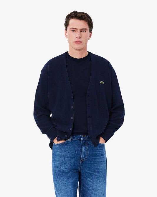 Lacoste Relaxed Fit Moss Stitch Mens Wool Cardigan - Navy Blue 166