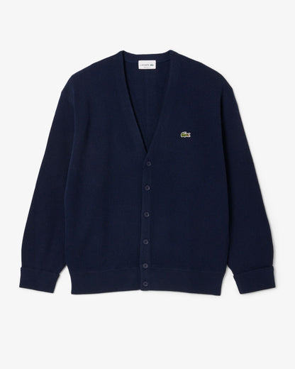 Lacoste Relaxed Fit Moss Stitch Mens Wool Cardigan - Navy Blue 166