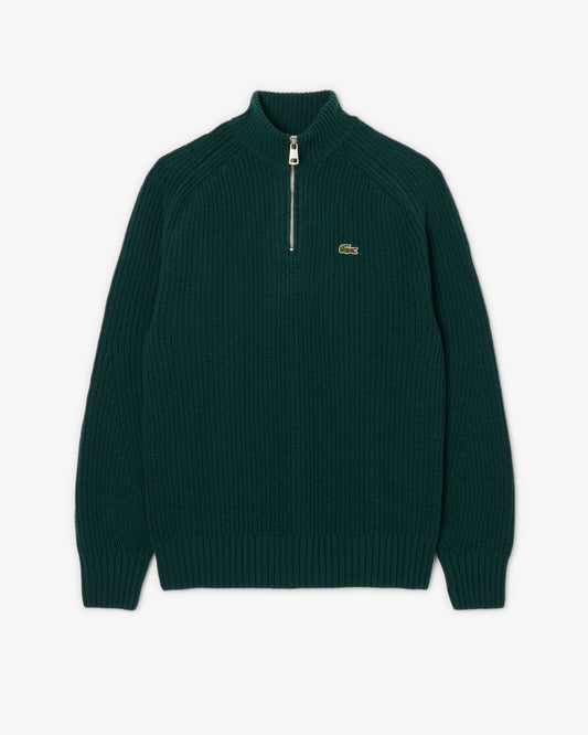 Lacoste High Zip Neck Thick Rib Knit Mens Wool Sweater - Sinople YZP