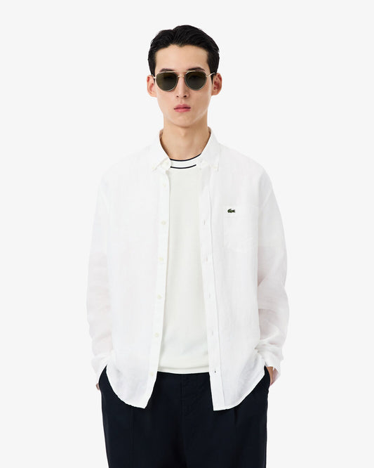 Lacoste Regular Fit Long Sleeve Mens Linen Shirt - White 001 | CHO | Designer Mens Long Sleeve Shirts