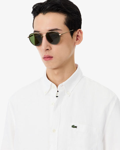 Lacoste Regular Fit Long Sleeve Mens Linen Shirt - White 001 | CHO | Designer Mens Long Sleeve Shirts