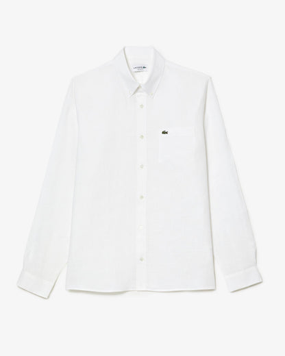 Lacoste Regular Fit Long Sleeve Mens Linen Shirt - White 001 | CHO | Designer Mens Long Sleeve Shirts