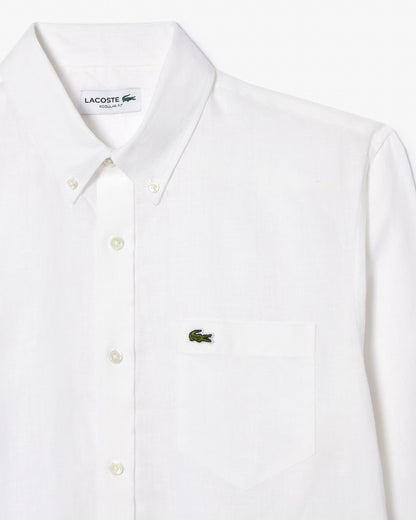Lacoste Regular Fit Long Sleeve Mens Linen Shirt - White 001 | CHO | Designer Mens Long Sleeve Shirts