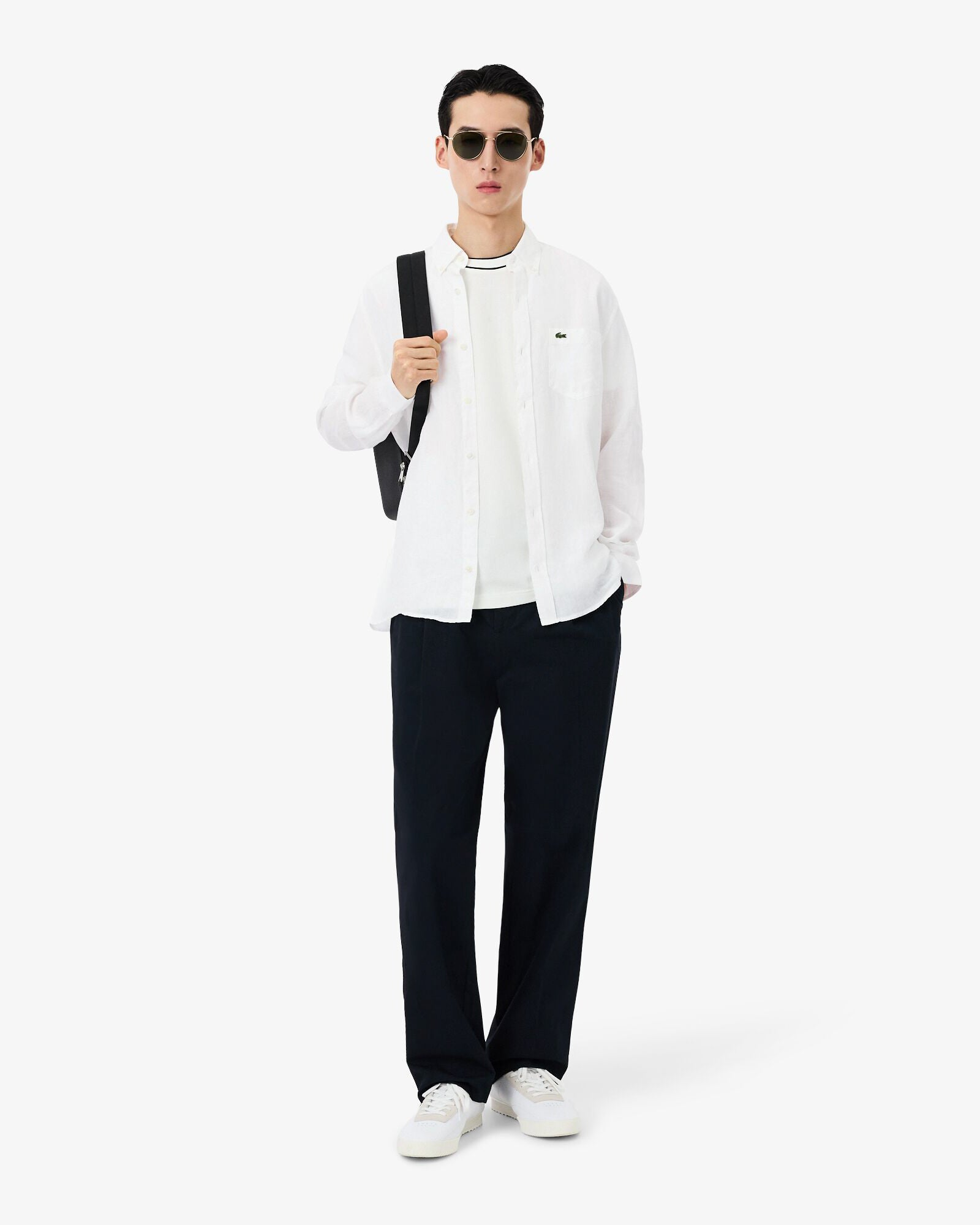 Lacoste Regular Fit Long Sleeve Mens Linen Shirt - White 001 | CHO | Designer Mens Long Sleeve Shirts