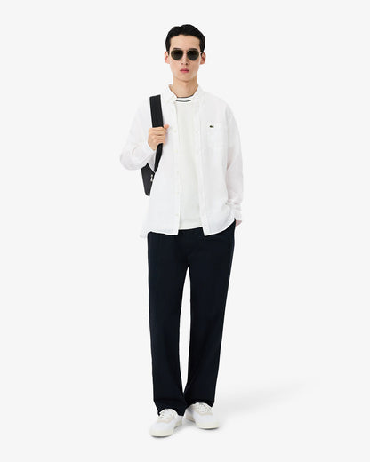 Lacoste Regular Fit Long Sleeve Mens Linen Shirt - White 001 | CHO | Designer Mens Long Sleeve Shirts