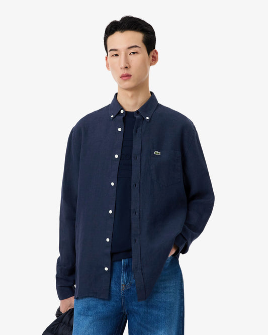 Lacoste Regular Fit Long Sleeve Mens Linen Shirt - Navy Blue 166 | CHO | Designer Mens Long Sleeve Shirts