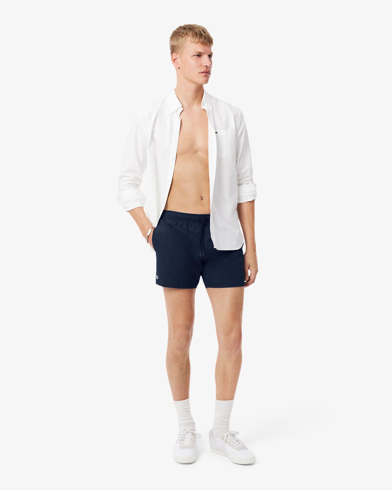 Lacoste Mens Light Quick-Dry Swim Shorts - Navy Blue/Green 802 | CHO | Designer Mens Shorts