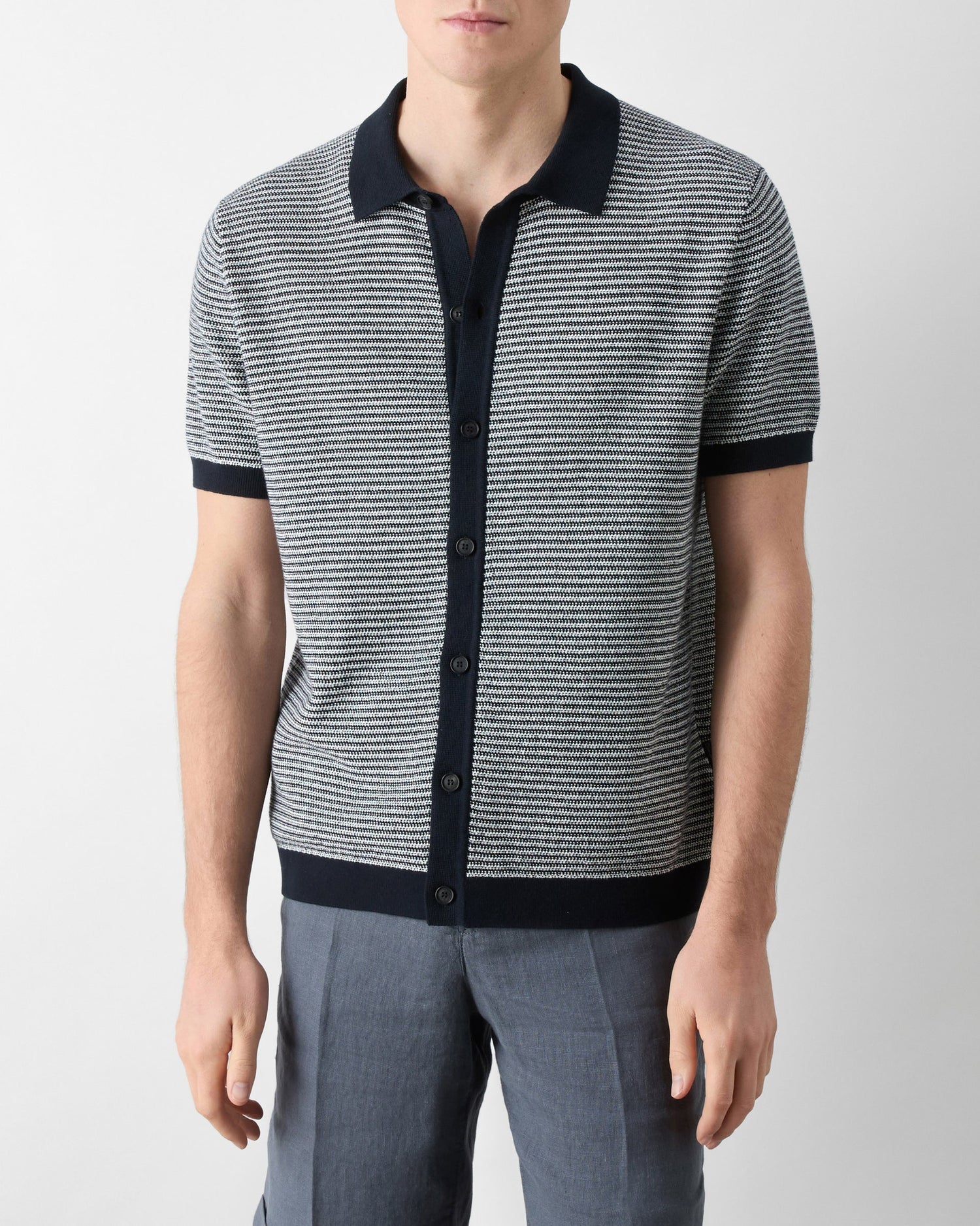 Oliver Sweeney Hessle Mens Knitted Cotton Short-Sleeved Shirt - Navy/Ecru | CHO | Designer Mens Short Sleeve Shirts