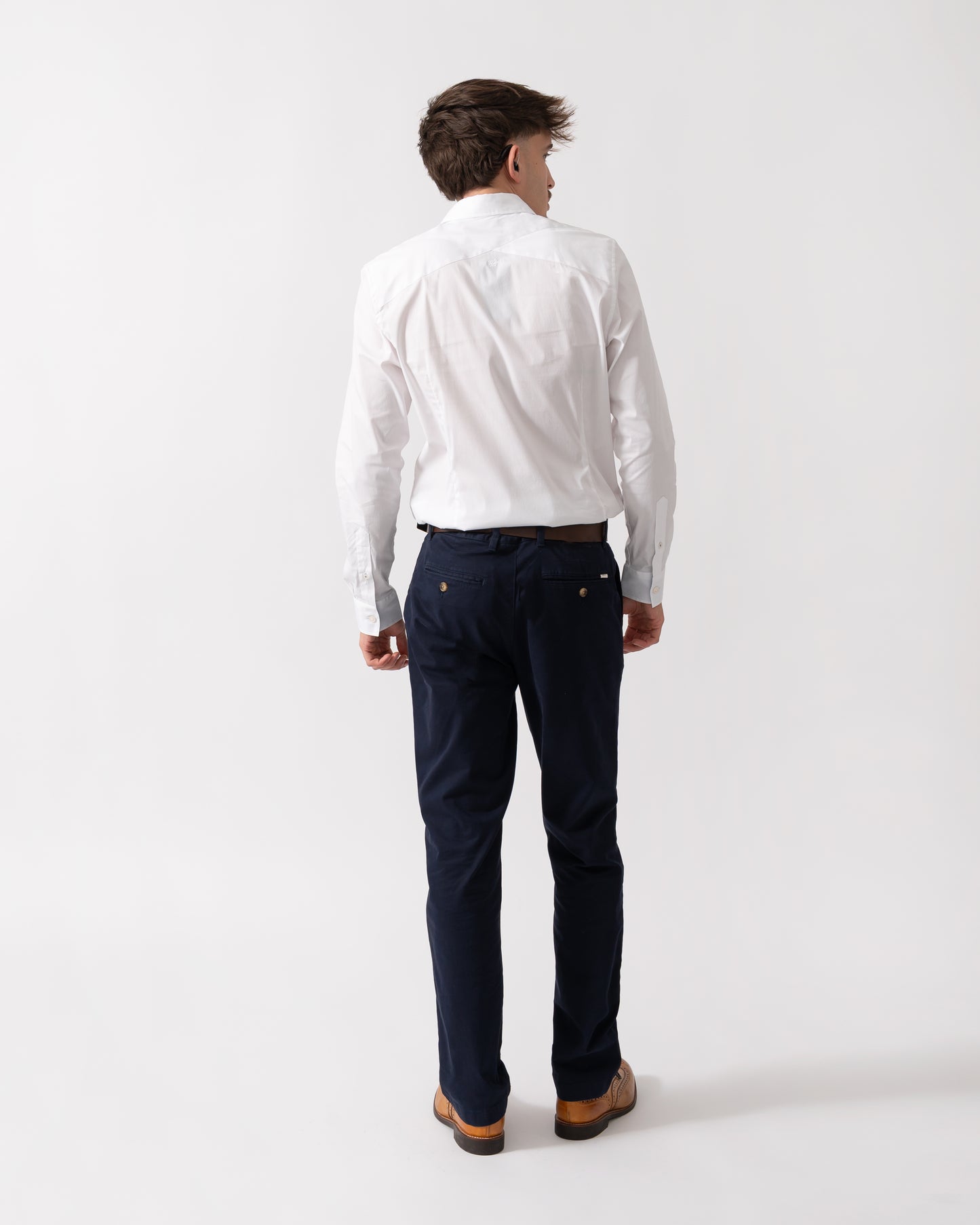 back of a Model wearing a Ted Baker Baxters Mens Long Sleeve Slim Stretch Shirt in White