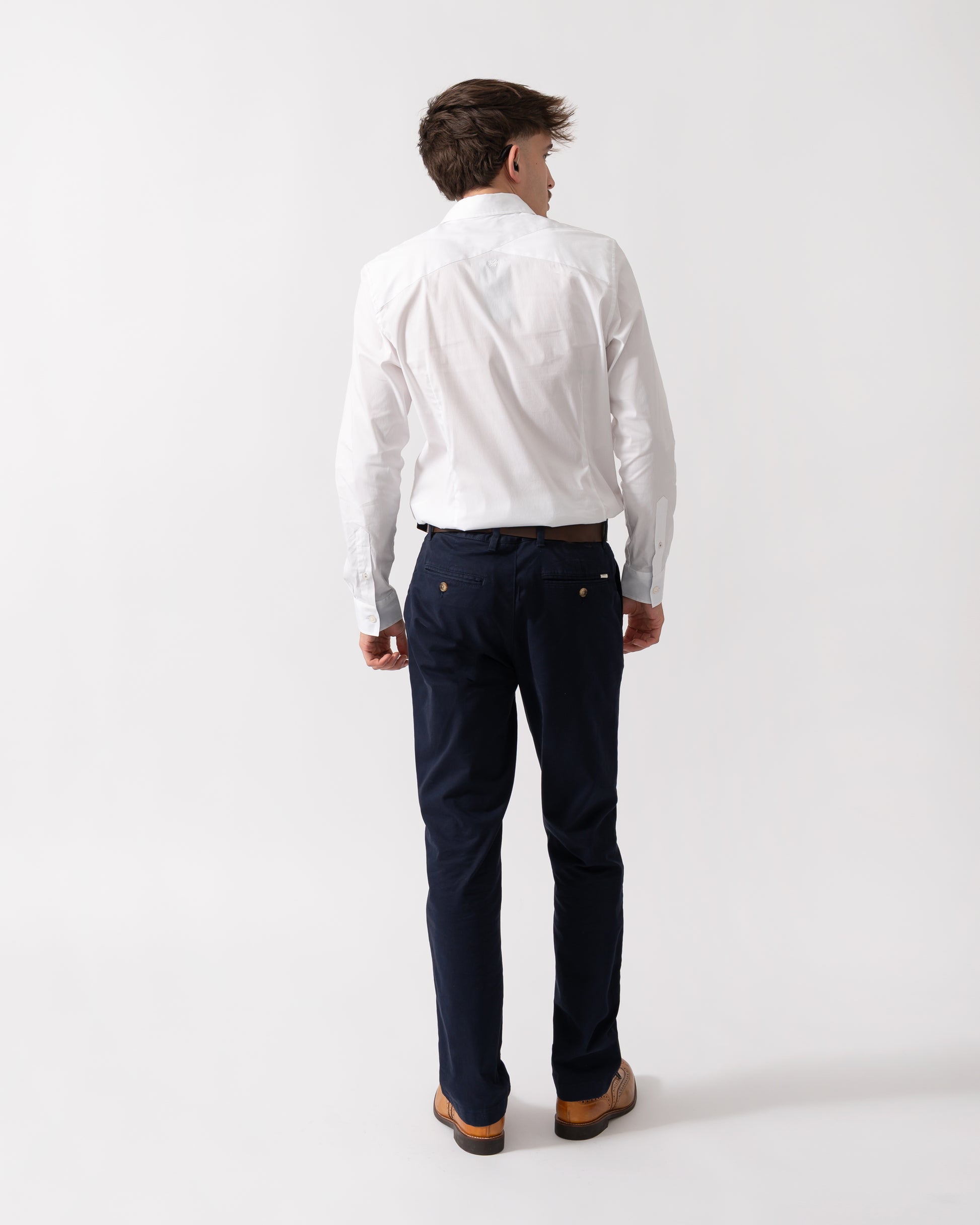 back of a Model wearing a Ted Baker Baxters Mens Long Sleeve Slim Stretch Shirt in White