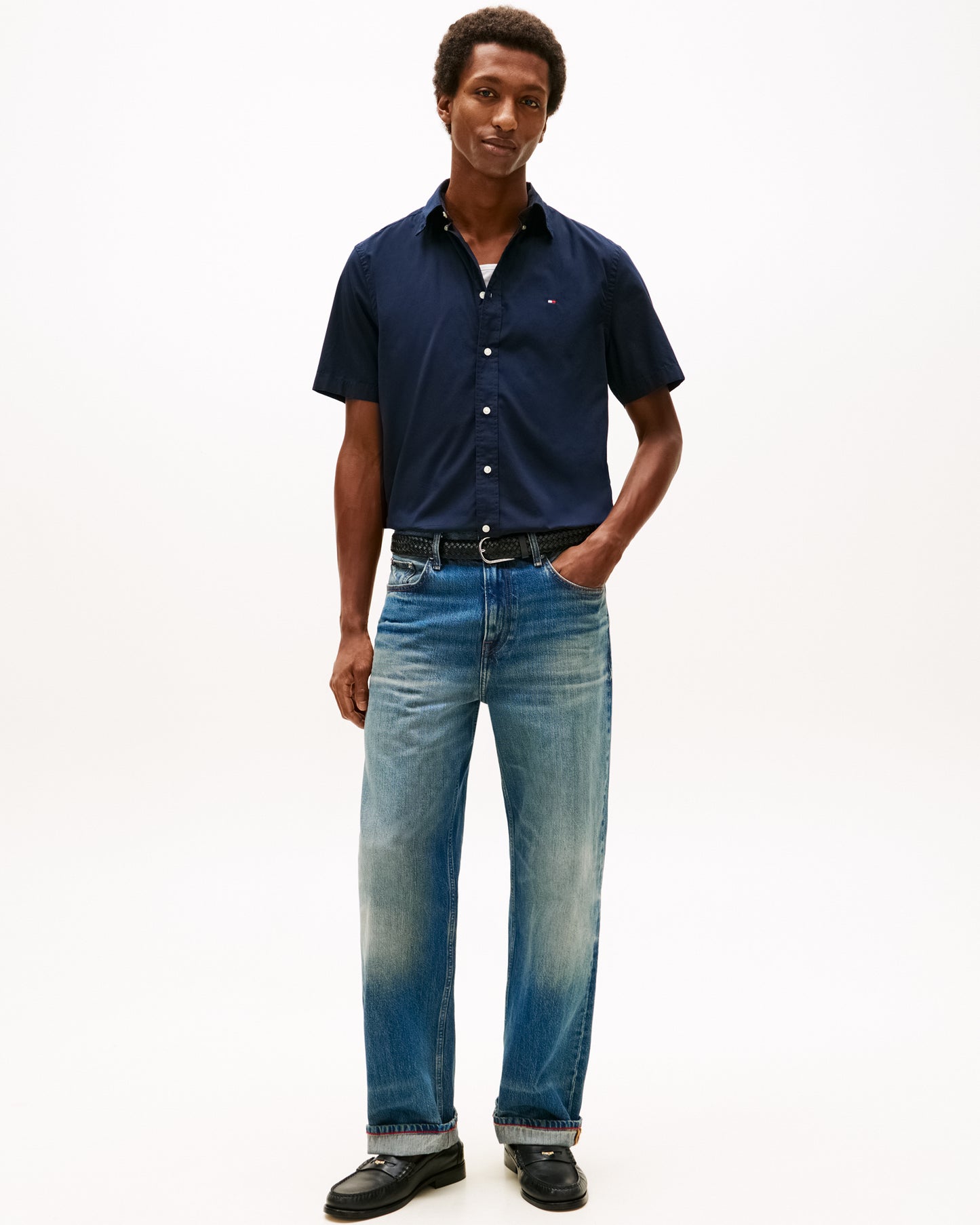 Tommy Hilfiger Core Flex Poplin Solid Mens Short Sleeve Shirt - Navy Blue