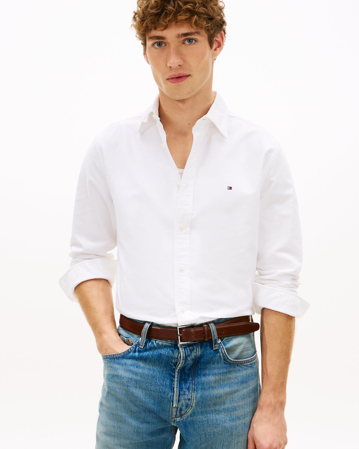 Tommy Hilfiger Solid Heritage Mens Long Sleeve Oxford Shirt - Optic White - CHO - Designer Mens Long Sleeve Shirt