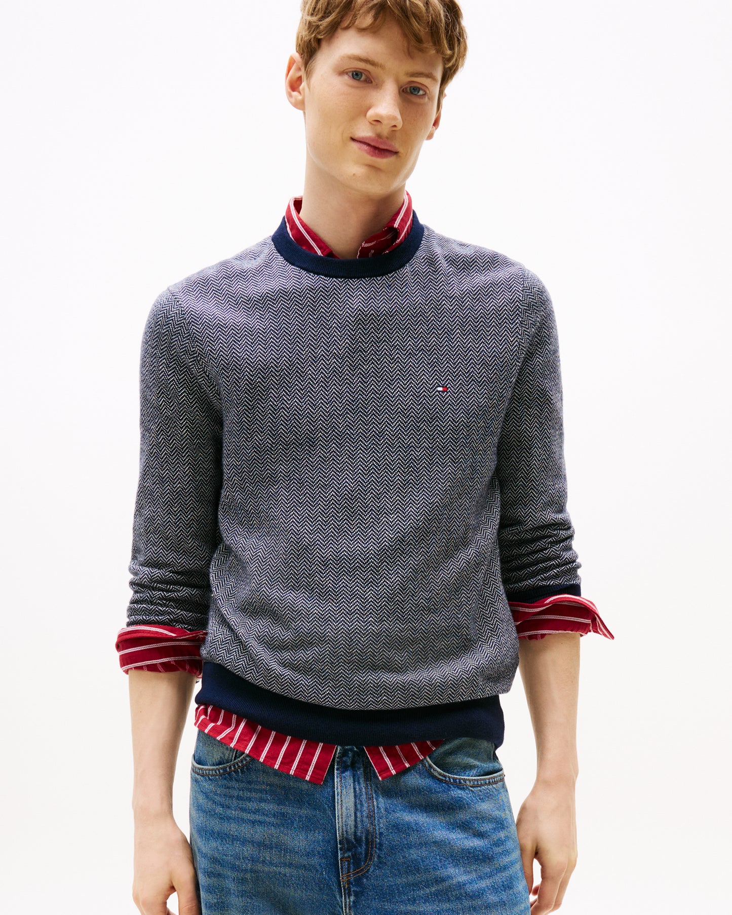 Tommy Hilfiger Pima Cotton Cashmere Herringbone Mens Crew Jumper - Desert Sky/Ivory Petal