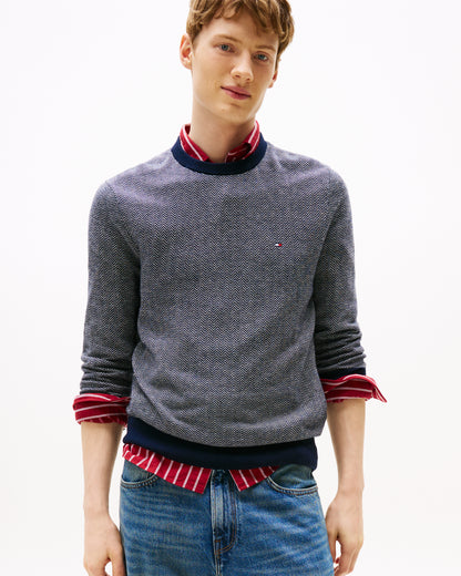Tommy Hilfiger Pima Cotton Cashmere Herringbone Mens Crew Jumper - Desert Sky/Ivory Petal
