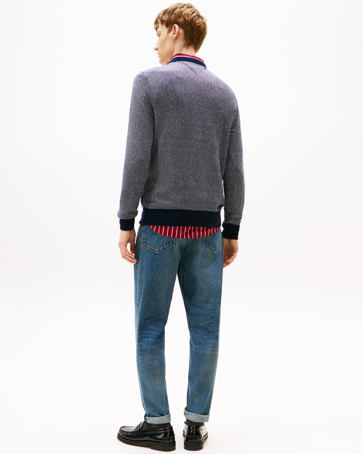 Tommy Hilfiger Pima Cotton Cashmere Herringbone Mens Crew Jumper - Desert Sky/Ivory Petal