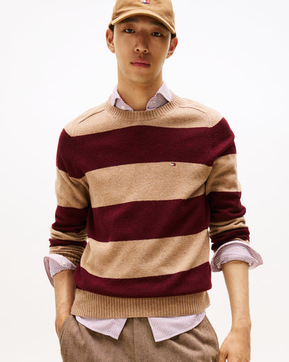 Tommy Hilfiger Lambswool Mens Crew Neck Jumper - Safari Canvas Heather/Deep Burgundy Heather