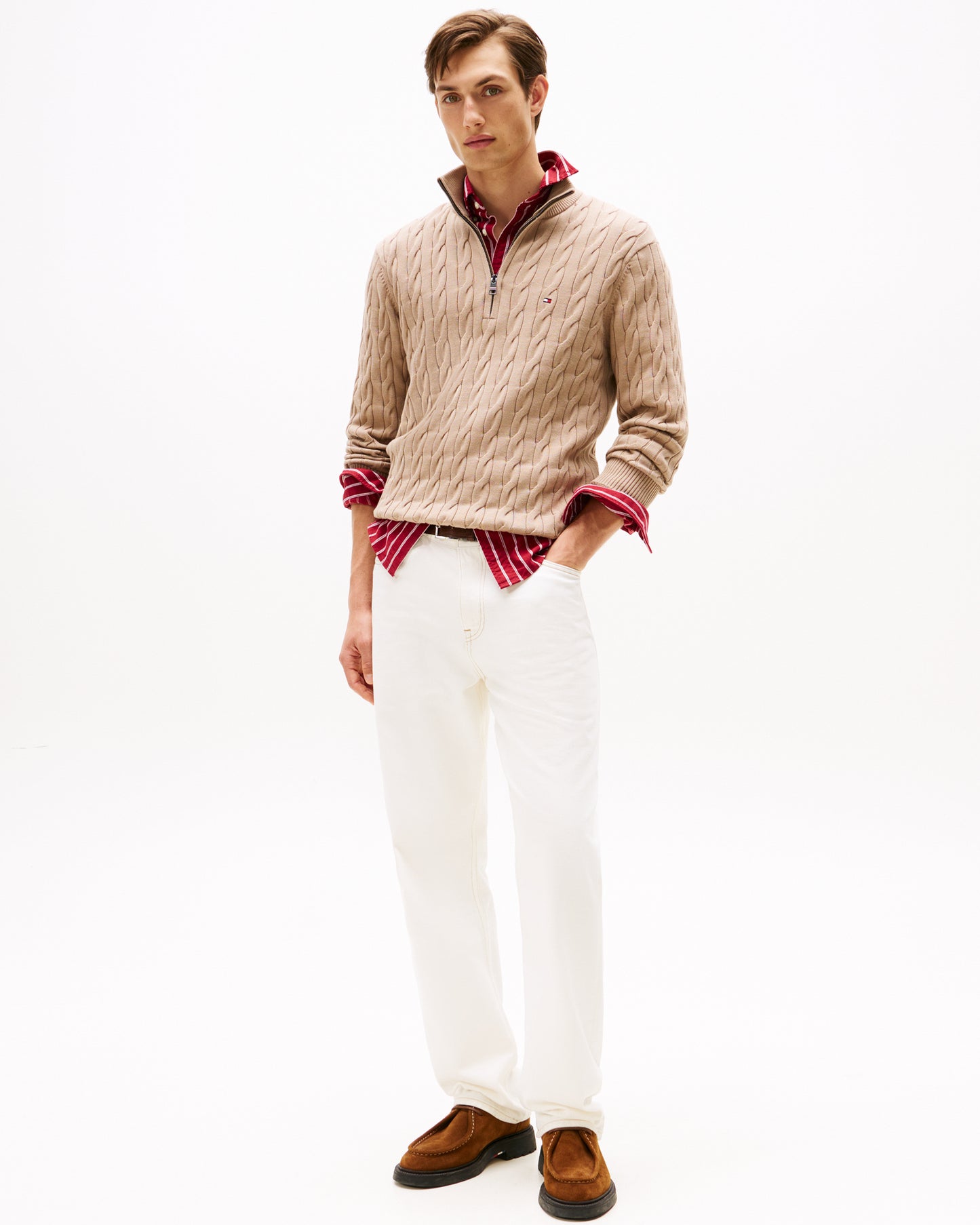 Tommy Hilfiger Classic Cotton Cable Mens Half Zip Mock Sweatshirt - Coastal Taupe