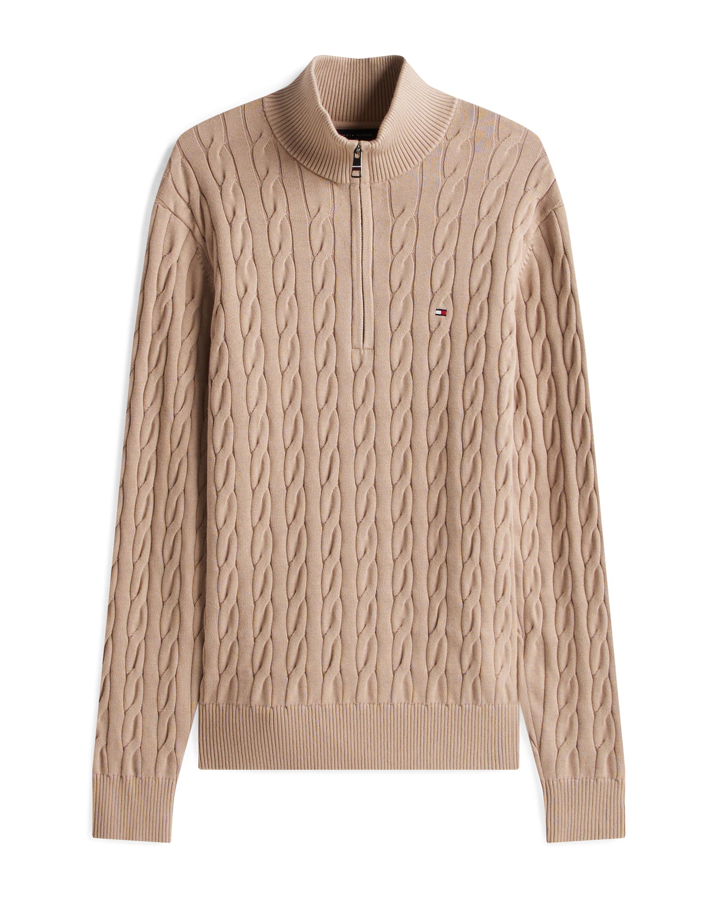 Tommy Hilfiger Classic Cotton Cable Mens Half Zip Mock Sweatshirt - Coastal Taupe