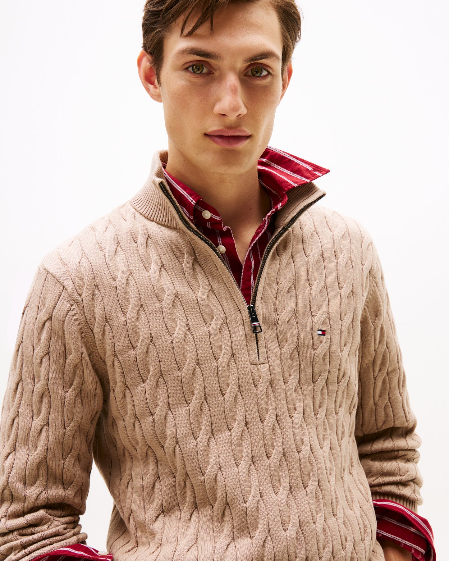 Tommy Hilfiger Classic Cotton Cable Mens Half Zip Mock Sweatshirt - Coastal Taupe