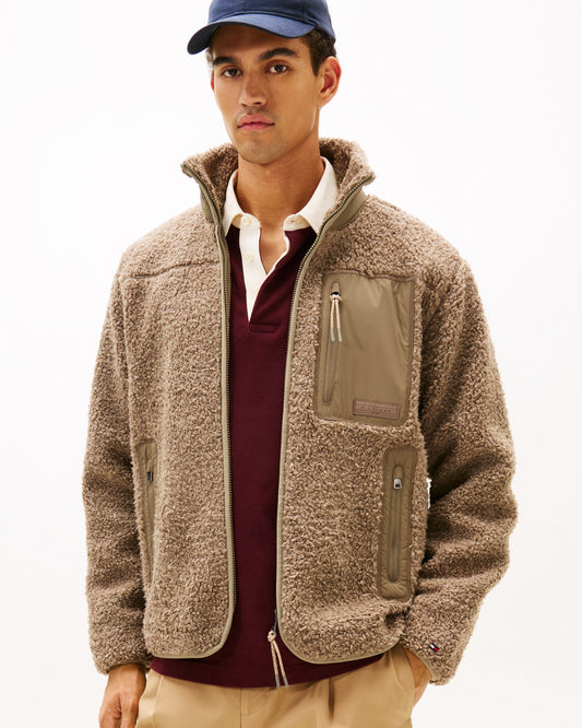 Tommy Hilfiger Teddy Fleece Zipped Pocket Mens Full-Zip Sweatshirt - Coastal Taupe