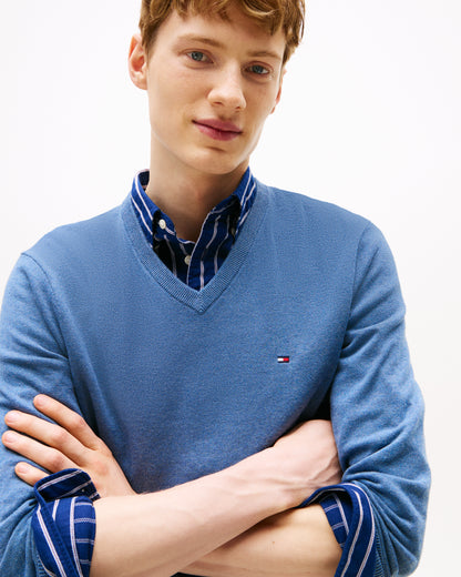 Tommy Hilfiger Essential Cotton Mens V-Neck Jumper - Petrol Blue Heather