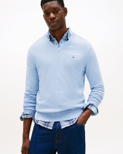 Tommy Hilfiger Pima Organic Cotton Mens Cashmere V-Neck Jumper - Vessel Blue Heather