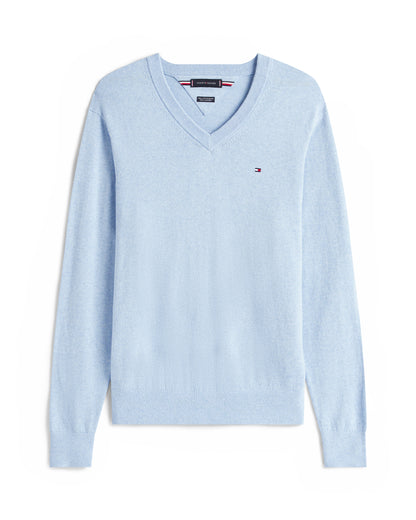 Tommy Hilfiger Pima Organic Cotton Mens Cashmere V-Neck Jumper - Vessel Blue Heather