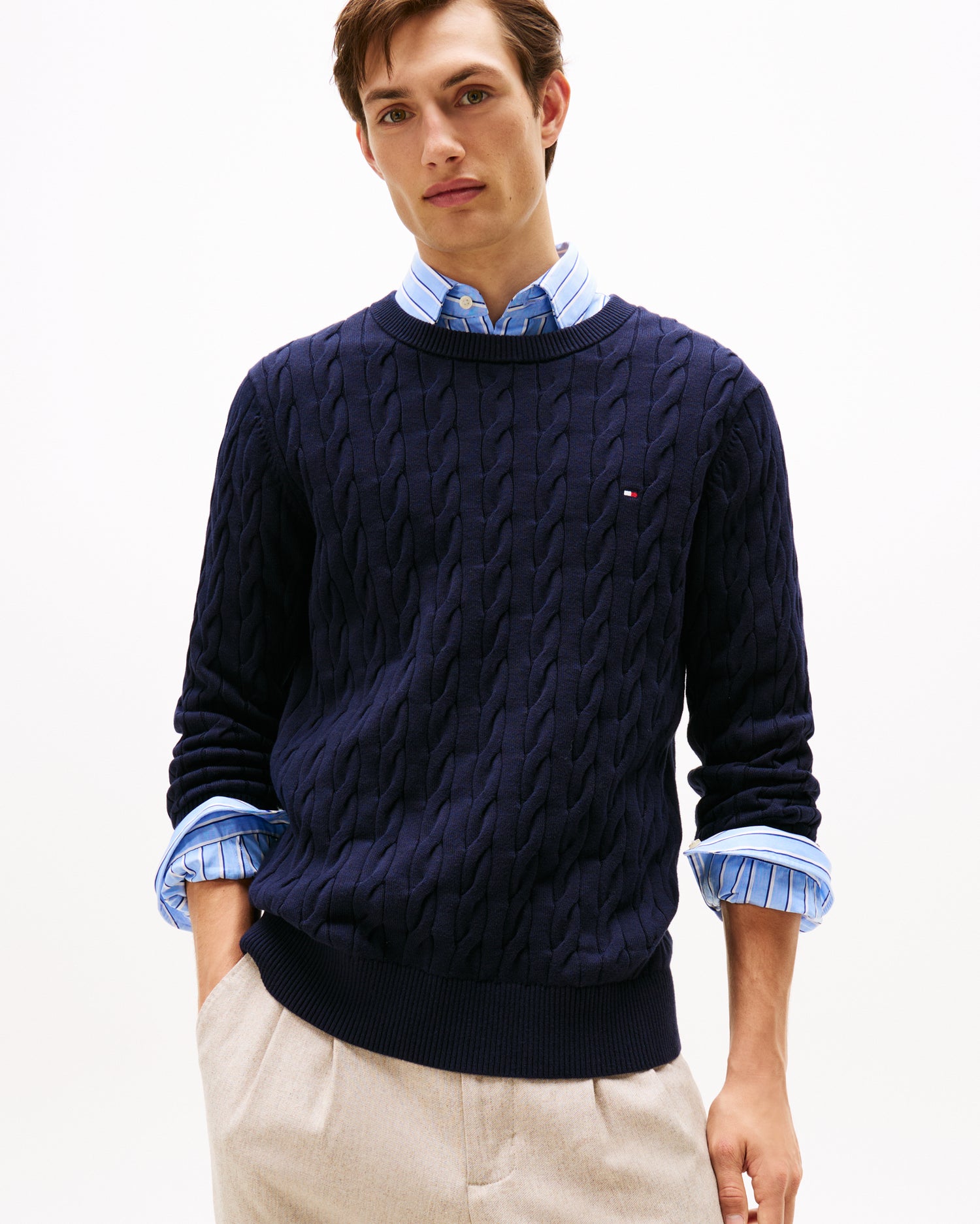 Tommy Hilfiger Classic Cable Mens Crew Jumper - Desert Sky - CHO - Designer Mens Jumpers