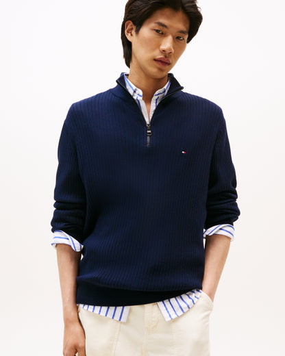 Tommy Hilfiger Pima Cotton Cashmere Structure Half-Zip Mens Mock Neck Jumper - Desert Sky