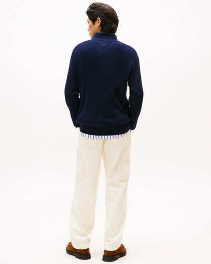 Tommy Hilfiger Pima Cotton Cashmere Structure Half-Zip Mens Mock Neck Jumper - Desert Sky