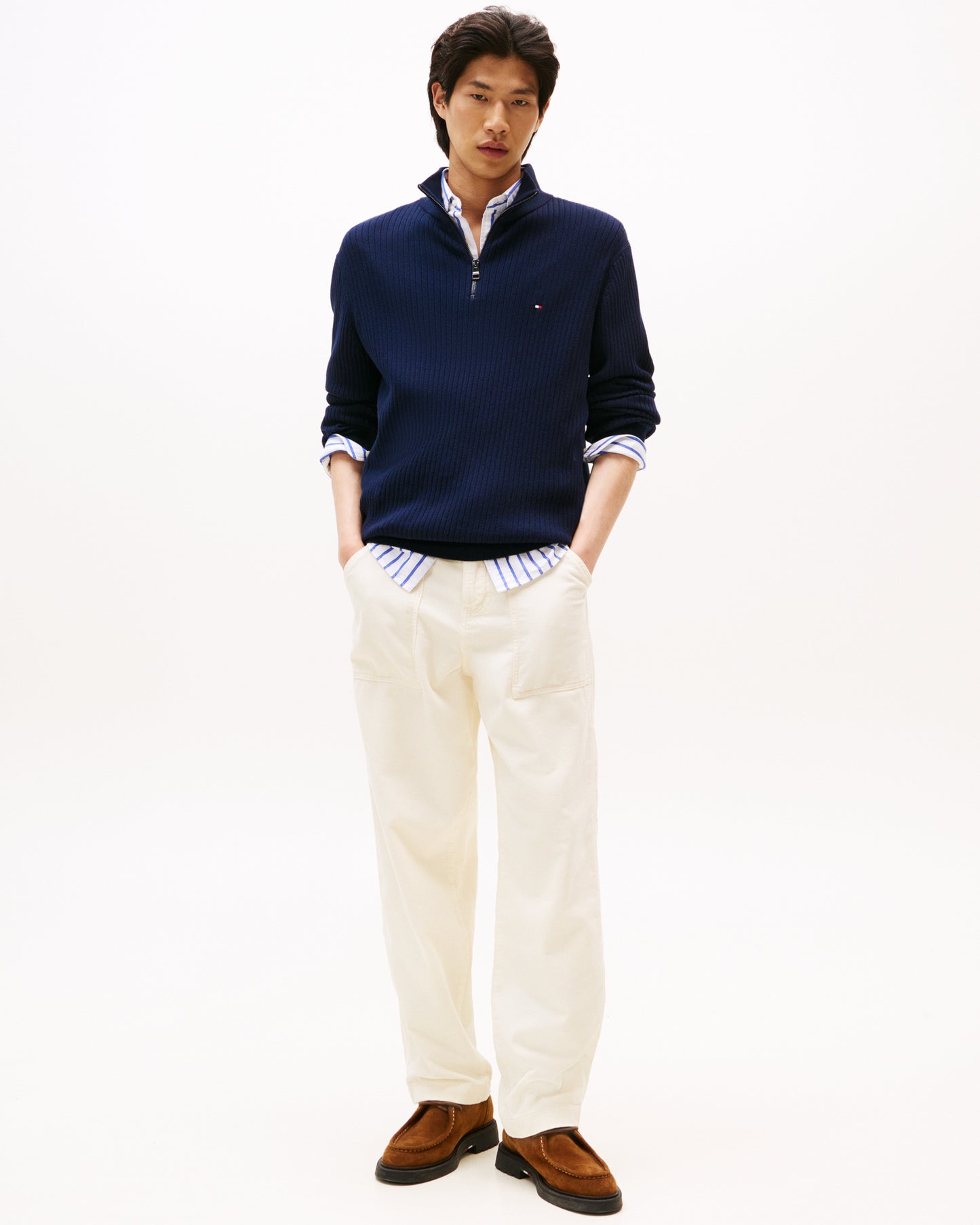 Tommy Hilfiger Pima Cotton Cashmere Structure Half-Zip Mens Mock Neck Jumper - Desert Sky