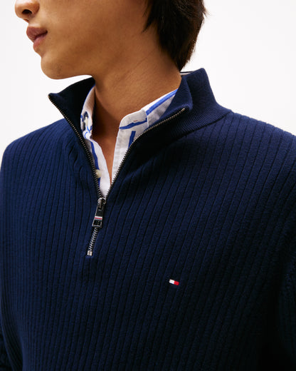 Tommy Hilfiger Pima Cotton Cashmere Structure Half-Zip Mens Mock Neck Jumper - Desert Sky
