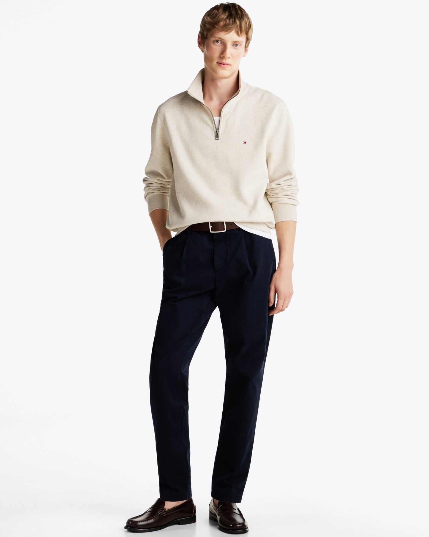 Tommy Hilfiger Essential Fleece Mens Half Zip Sweatshirt - Heathered Oatmilk
