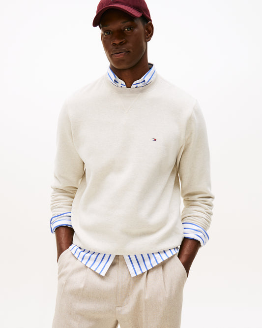 Tommy Hilfiger Essential Flag Embroidery Mens Fleece Crew Sweatshirt - Heathered Oatmilk