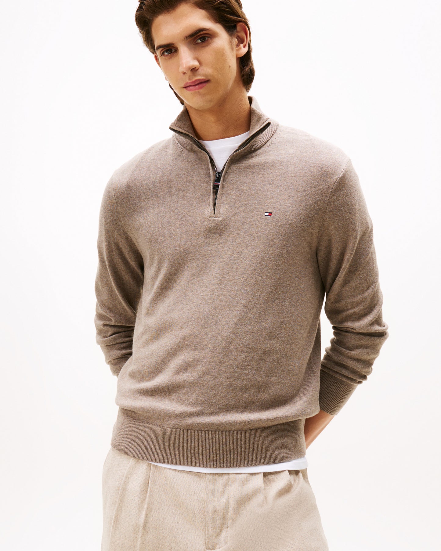 Tommy Hilfiger Organic Cotton Cashmere Mens Zip-Mock Sweater - Coastal Taupe Heather
