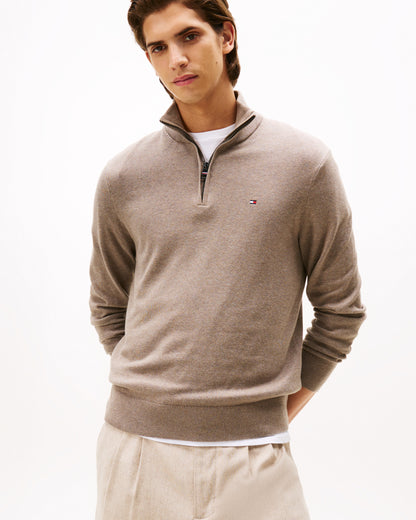 Tommy Hilfiger Organic Cotton Cashmere Mens Zip-Mock Sweater - Coastal Taupe Heather