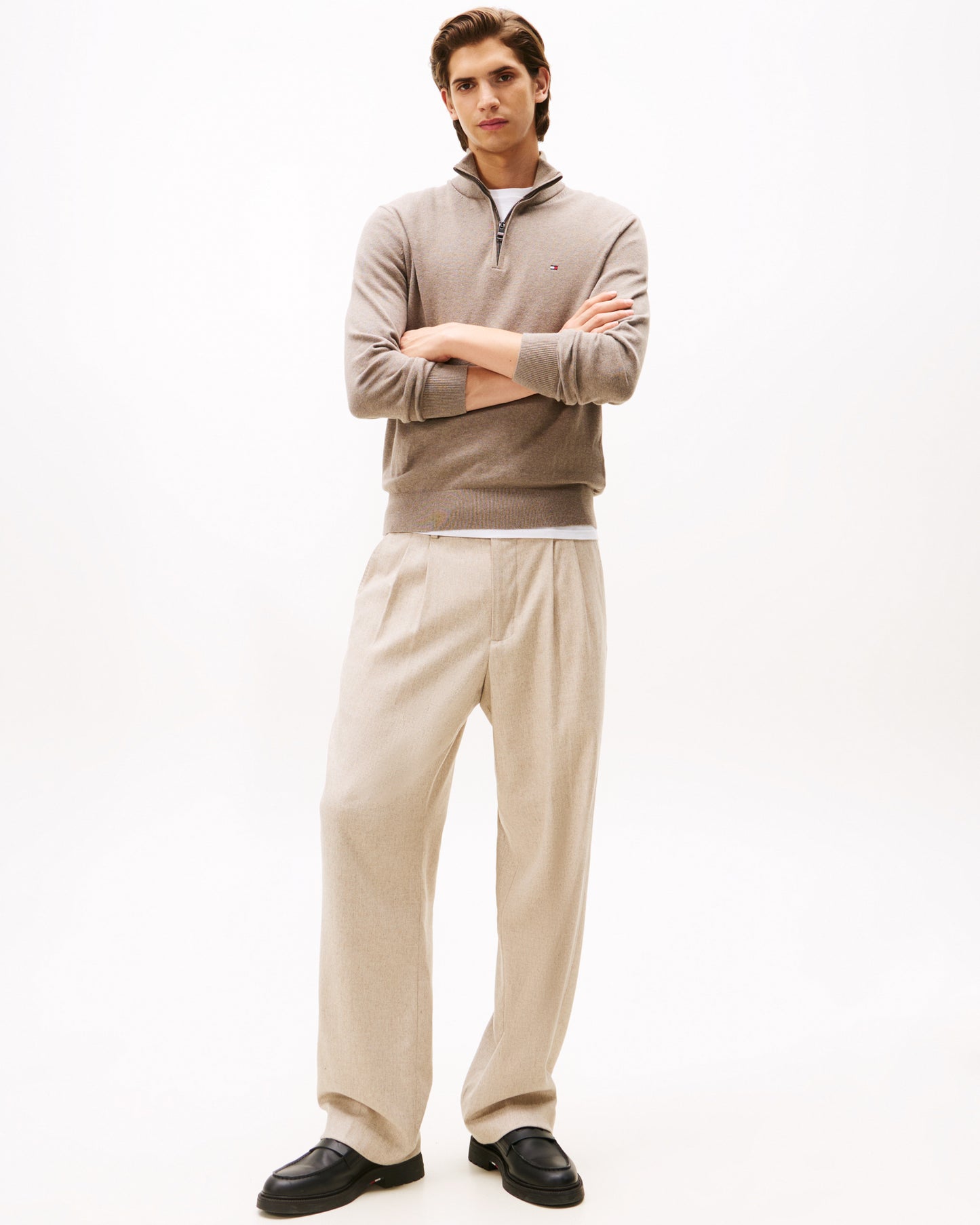 Tommy Hilfiger Organic Cotton Cashmere Mens Zip-Mock Sweater - Coastal Taupe Heather