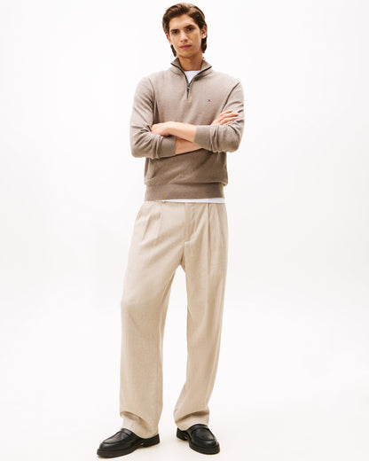 Tommy Hilfiger Organic Cotton Cashmere Mens Zip-Mock Sweater - Coastal Taupe Heather