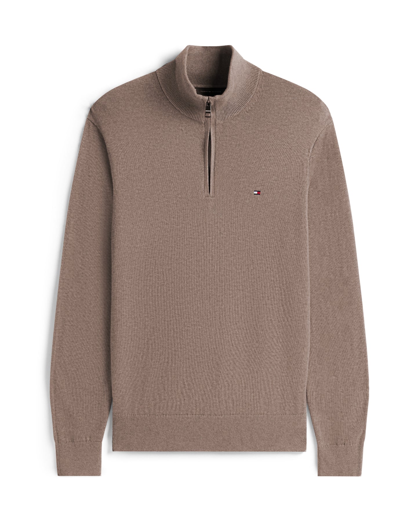Tommy Hilfiger Organic Cotton Cashmere Mens Zip-Mock Sweater - Coastal Taupe Heather