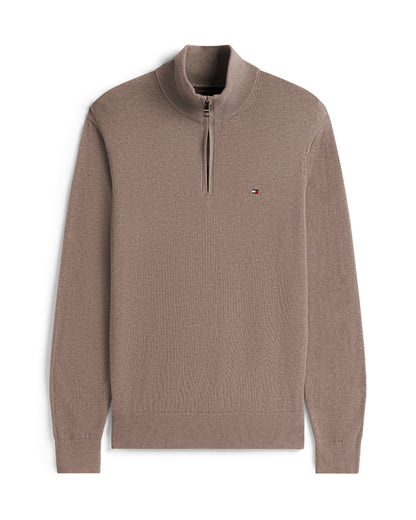 Tommy Hilfiger Organic Cotton Cashmere Mens Zip-Mock Sweater - Coastal Taupe Heather