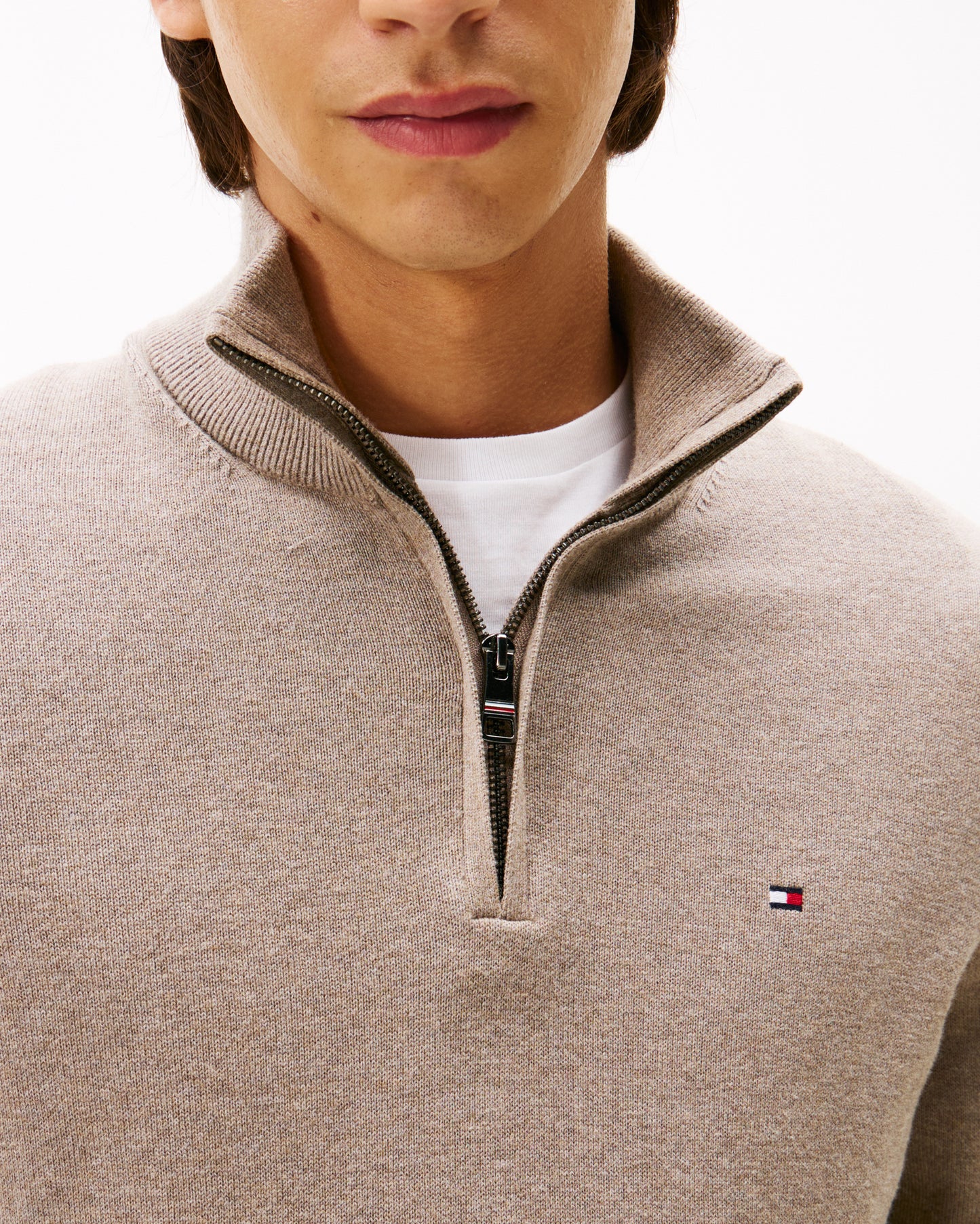 Tommy Hilfiger Organic Cotton Cashmere Mens Zip-Mock Sweater - Coastal Taupe Heather