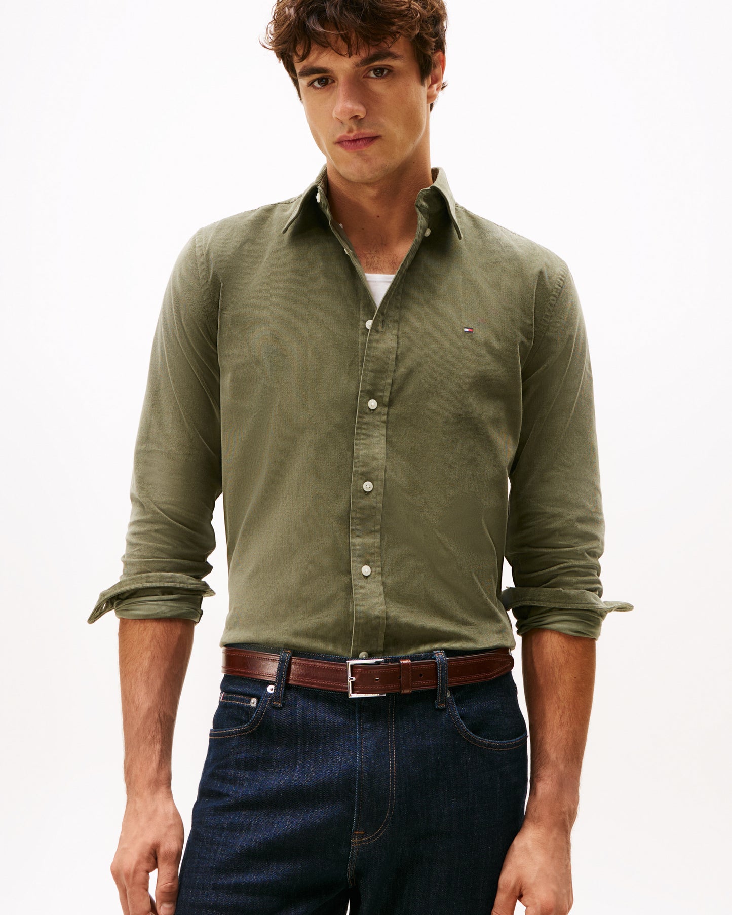 Tommy Hilfiger Solid Corduroy Mens Long Sleeve Shirt - Battle Green