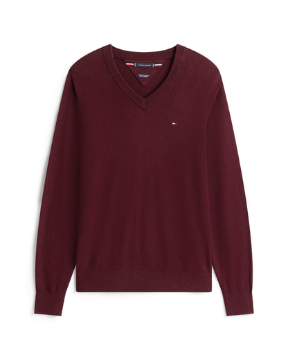 Tommy Hilfiger Pima Organic Cotton Mens Cashmere V-Neck Jumper - Deep Burgundy