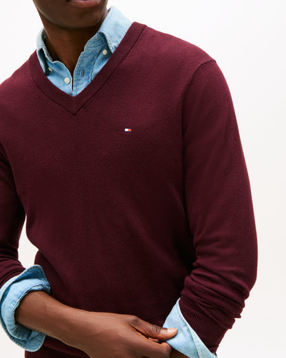 Tommy Hilfiger Pima Organic Cotton Mens Cashmere V-Neck Jumper - Deep Burgundy
