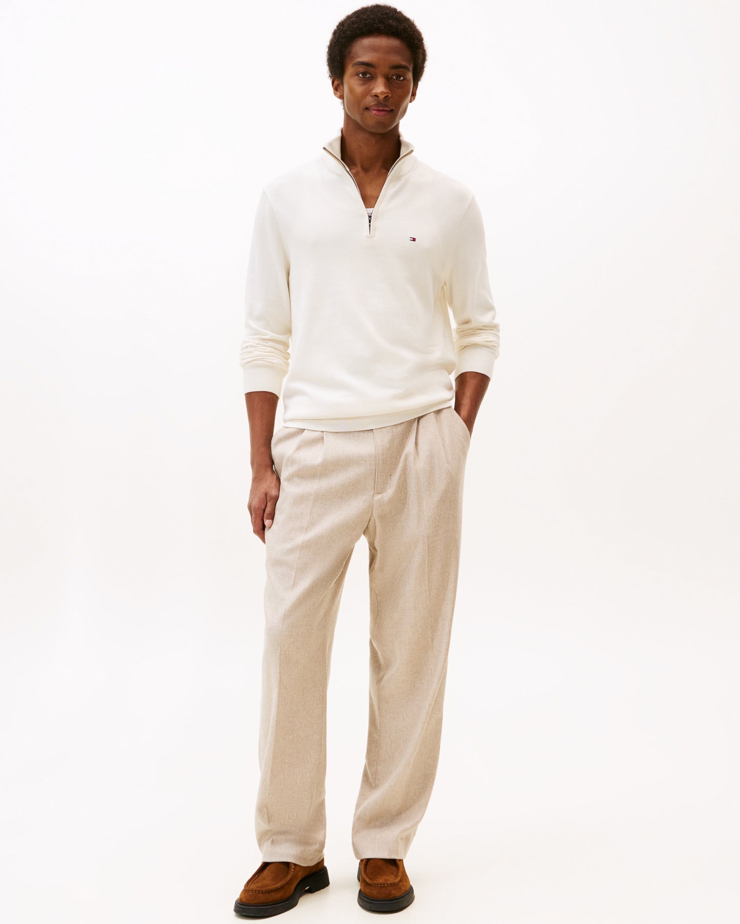 Tommy Hilfiger Essential Cotton 1/4 Zip Mock Mens Sweatshirt - Ivory Petal