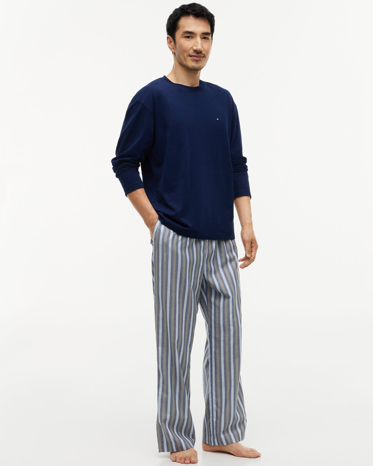 Tommy Hilfiger Woven Stripe Print Mens Pyjama Set - Carbon Navy/Herringbone Stripe