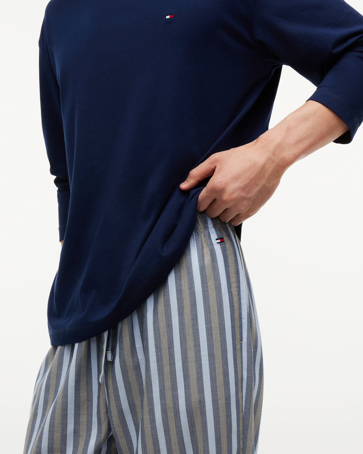 Tommy Hilfiger Woven Stripe Print Mens Pyjama Set - Carbon Navy/Herringbone Stripe